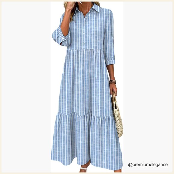 Dresses & Skirts - Maxi Dress with Pockets, 3/4 Sleeve, Loose Fit, Tiered Skirt, V-Neck